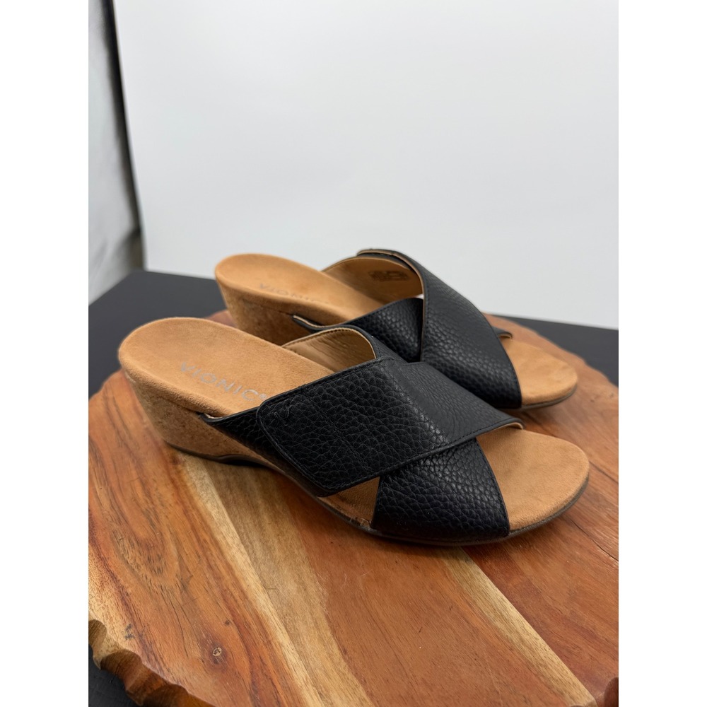 Vionic Leticia Wedge Sandal Women 7 Black Pebbled Leather Cork Slide Orthotic